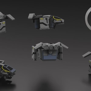 Könnte beinhalten: Eine Sammlung grauer und schwarzer futuristischer Transportfahrzeuge mit gelben Akzenten. Die Fahrzeuge haben Flügel und ein Cockpit-Design. Ein silbernes Logo mit den Buchstaben "W" und "E" in einem Kreis ist ebenfalls vorhanden.