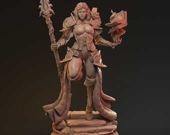 May include: A detailed figurine of a female warrior in a fantasy setting. She is wearing armor and holding a staff with a spearhead. She is standing on a rocky base.