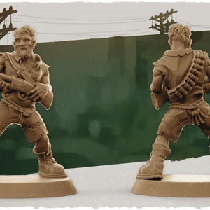 May include: A brown plastic miniature figure of a person holding a shotgun. The figure is wearing a tattered shirt and shorts. The figure is standing on a brown base. The figure is part of a set of miniatures for a tabletop game.