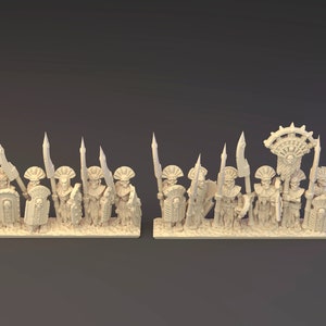May include: A set of 14 unpainted miniature figures of warriors with spears and shields. The figures are arranged in two rows on a base. The figures are made of a light brown plastic.
