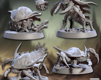 May include: A collection of gray, 3D-printed fantasy miniatures of Zeek Burrowers. The set includes several insectoid creatures with sharp claws and teeth, posed on 30mm bases. The Artisan Guild logo and website are visible.