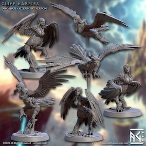 Puede incluir: Colección de figuras en miniatura grises y detalladas de arpías. Las figuras presentan la parte superior del cuerpo de una mujer con alas y la parte inferior del cuerpo de un pájaro. El texto "CLIFF HARPIES" y "30MM BASE - ALTERNATIVE VERSION!" es visible.