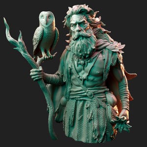 May include: A mint green bust sculpture of a bearded figure with long hair, wearing a textured tunic and a cloak. The figure holds a gnarled wooden staff with a perched owl and carries a leafy plant in the other hand, all rendered in a monochromatic tone.