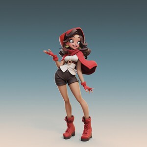 May include: A stylized figurine of a character in a red hooded cape, white top, and brown shorts. The character wears red gloves and boots. The figure has brown hair and is posed with arms outstretched.