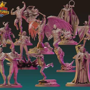 May include: A selection of 3D-printed miniature figurines in various poses. The figurines are in shades of pink and grey, depicting characters with wings, capes, and weapons. The logo "Legion Miniatures 3D Printing Designs" is visible.