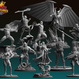 Puede incluir: Colección de figuras en miniatura grises impresas en 3D de varios superhéroes y personajes. Las figuras están en poses de acción dinámicas, algunas con capas, alas y armas. El logotipo "LEGION MINIATURES 3D PRINTING DESIGNS" es visible.