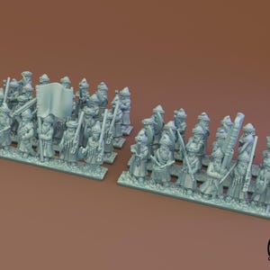May include: A collection of light blue miniature figurines, likely for tabletop gaming. The figures are detailed, depicting a fantasy army with swords, spears, and a banner. The miniatures are arranged in rows, suggesting a battle formation.
