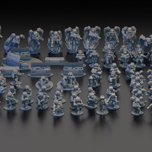 Könnte beinhalten: Eine Sammlung grauer Plastik-Miniaturfiguren, darunter Soldaten, Fahrzeuge und andere militärische Ausrüstung. Die Figuren sind in einer Schlachtformation auf einer grauen Oberfläche angeordnet.