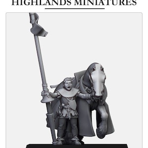 May include: A miniature figure of a young person holding a spear and riding a horse. The figure is wearing a tunic and leggings, and the horse is wearing a cloak. The figure and horse are both painted in a grey colour.