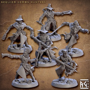 May include: Six grey plastic miniature figures of demon hunters, each with a different weapon and pose. The figures are standing on round bases. The figures are all wearing hats and coats. The figures are all in a fighting stance. The figures are all in a grey colour.