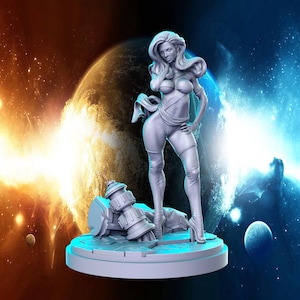 May include: A white painted figurine of a woman with long hair standing on a circular base. The woman is wearing a costume with a cape and boots. The base has a textured surface and a blue glow. The figurine is set against a backdrop of a nebula with planets.