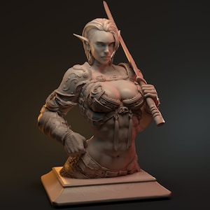 May include: A detailed bust sculpture of a female elf warrior, with pointed ears, wearing armor and holding a sword. The sculpture is painted in a light gray color and is set on a square base.