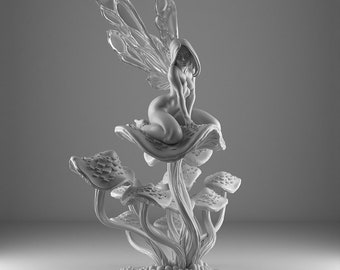 May include: A white, detailed sculpture of a fairy sitting on a mushroom. The fairy has wings and is wearing a flowing dress. The mushroom is surrounded by other mushrooms.