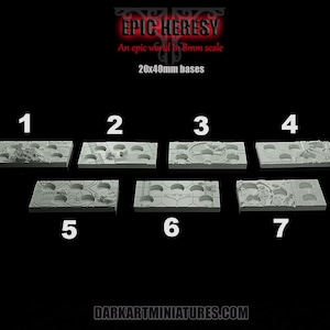 Puede incluir: Siete bases de 20x40mm para juegos de miniaturas, con diferentes superficies texturizadas. Las bases están numeradas del 1 al 7.  EPIC HERESY Un mundo épico a escala 8mm 20x40mm bases DARKART MINIATURES.COM