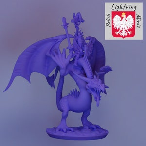 May include: A purple plastic miniature dragon with wings spread wide, riding a miniature human figure with a staff and a crown. The dragon is standing on a round base.