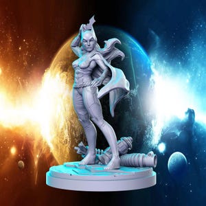 May include: A white painted figurine of a female superhero with a cape and flowing hair. The figurine is standing on a circular base with a textured surface. The background is a blurred image of a planet and stars.