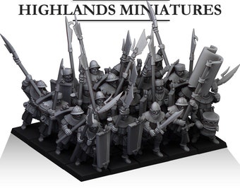 May include: A group of 18 gray plastic miniature figures of soldiers holding spears and shields. The figures are arranged in a battle formation. The figures are on a black base. The figures are from Highlands Miniatures.