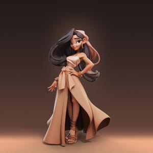 May include: A stylized illustration of a woman in a flowing beige dress with a high slit. She wears a matching sash, strapless top, and high-heeled sandals. Her dark hair is styled with a pink accent, and she wears gold hoop earrings and bracelets.