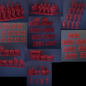 May include: A collection of red plastic toy soldiers, including cavalry, infantry, and siege weapons. The soldiers are posed in various battle formations, and some are carrying weapons such as swords, spears, and bows and arrows.