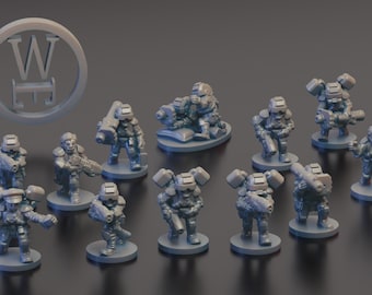 Puede incluir: Un conjunto de figuras en miniatura grises, probablemente para juegos de mesa. El conjunto incluye varias figuras de soldados con armaduras y armas futuristas, junto con un emblema circular con las letras "W" y "E".