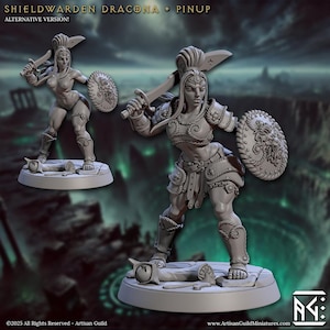 May include: A gray plastic miniature figurine of a female warrior with a sword and shield. The figure is posed in a dynamic stance, with one leg forward and the other back. The warrior is wearing armor and a helmet. The figure is standing on a round base.