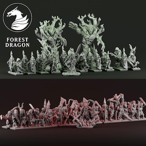 以下が含まれることがあります： 森のドラゴン軍隊を描いた3Dプリントのミニチュアフィギュアのセット。軍隊には、骨格の特徴を持つ大きな木のような生き物、フード付きのローブと武器を持った小さなフィギュア、骨格の特徴を持つ武器を持ったフィギュアのグループが含まれています。