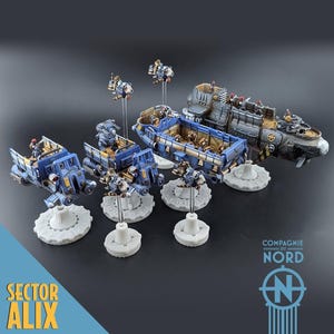 May include: A selection of miniature war game vehicles and aircraft in blue, grey, and tan. The set includes trucks, aircraft, and a large transport ship, all mounted on grey bases. The text "SECTOR ALIX" and "COMPAGNIE DU NORD" are visible.
