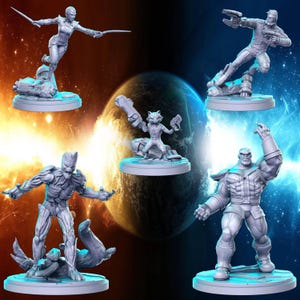 May include: Five grey painted figurines of characters from the Guardians of the Galaxy movie franchise. The characters are Gamora, Rocket Raccoon, Groot, Star-Lord, and Thanos. Each figurine is posed on a circular base.