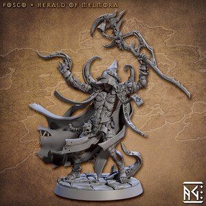 May include: A gray 3D printed miniature of a skeletal figure with a hooded cloak and a staff. The figure is holding the staff in one hand and has a menacing expression on its face. The miniature is set on a circular base.
