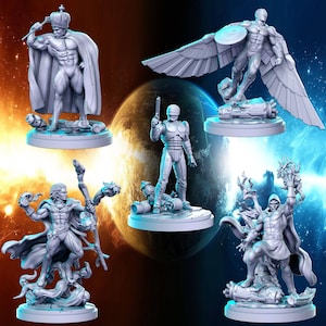 Peut inclure: Cinq figurines miniatures de personnages de films et d'émissions de télévision populaires. Les figurines sont peintes en gris clair et sont posées dans des poses d'action dynamiques. Les figurines sont présentées sur des socles circulaires.