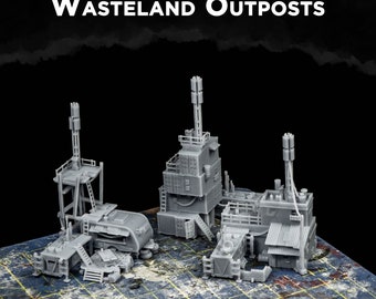 May include: A collection of gray miniature Wasteland Outposts, featuring various structures with antennas, ladders, and detailed architectural elements. The text "THE LAZY FORGER'S WASTELAND OUTPOSTS" is displayed at the top. The models are set on a map-like surface.