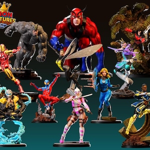 May include: A selection of superhero figurines, including Iron Man and Spider-Man, in dynamic poses. The figures are detailed with vibrant colours and stand on themed bases. The Legion Miniatures logo is visible at the top.