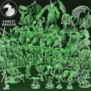 May include: A collection of green fantasy miniatures, including goblins, warriors, and mythical creatures. The image features a variety of detailed figures, such as a dragon, a giant, and figures riding boars. The Forest Dragon logo is in the upper left corner.