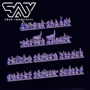 May include: Miniature fantasy army figurines, arranged in rows. The figures are in various poses, some holding weapons and banners. The logo "SAY SWAN INDUSTRIES" is in the upper left corner. The figures are a light grey colour.