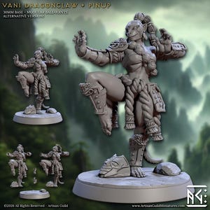May include: A grey, 3D-printed miniature figure of a female humanoid warrior in a dynamic pose. The figure is wearing armour and has a tail. The base is 30mm. The text "Vani Dragonclaw + Pinup" is at the top.