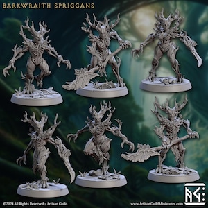 Puede incluir: Cinco figuras en miniatura grises y detalladas de spriggans barkwraith, cada una con una pose única y sosteniendo un arma. Las figuras están de pie sobre bases redondas.