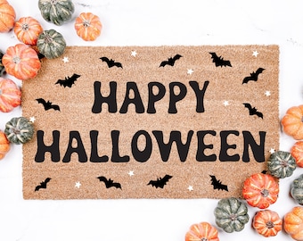 Happy Halloween with Bats Spooky Halloween Doormat, Fall Decor, Housewarming Gift, Front Door mat, Halloween Porch Decor, Ghost Doormat