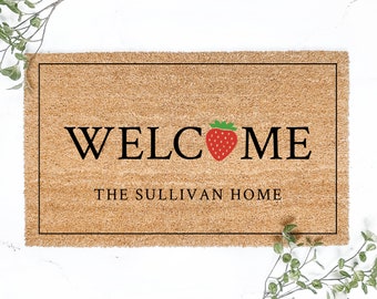 Personalized Strawberry Welcome Doormat, Summer Door Mat, Cute Welcome Mat, Front Door Decor, Porch Decor, Housewarming Gift, Custom Gift