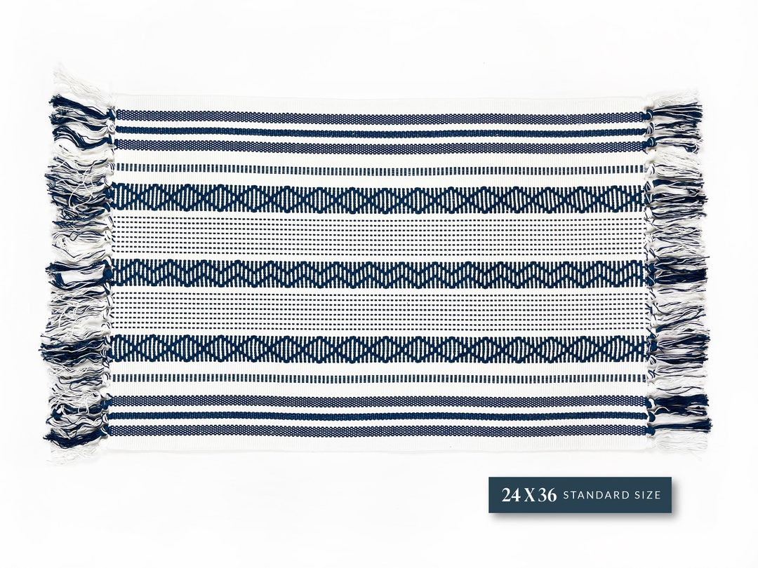 Blue & off White Tassel Rug: Cotton Woven Indoor/outdoor Rug (24 X 36 ...