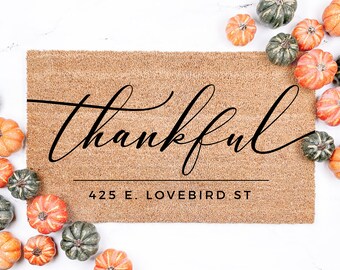 Thankful Script Personalized Thanksgiving Doormat, Fall Doormat, Fall Decor, Thanksgiving Decor, Address Doormat, Custom Gift