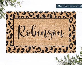 Leopard Frame Pattern Last Name Doormat, Personalized Door Mat, Unique Home Decor, Housewarming Gift, Wedding Gift, Custom Gift, Porch Decor