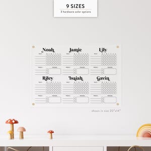 May include: Clear acrylic chore chart with the names Noah, Jamie, and Lily at the top, and Riley, Isaiah, and Gavin below. Each name has a daily and weekly section with a reward section. The chart is shown in a 20"x14" size.
