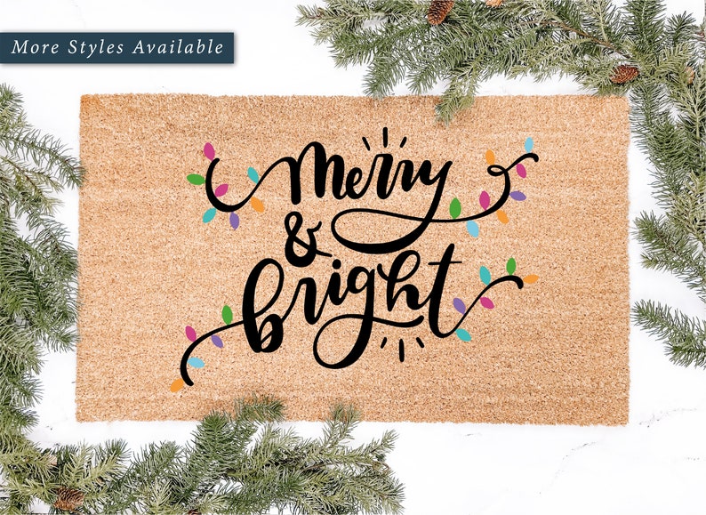 Merry and Bright Christmas Lights Doormat, Christmas Decor, Christmas Doormat, Holiday Decor, Holiday Doormat, Gift, Christmas Gift Door mat image 1