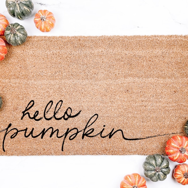 Hello Pumpkin Modern Script Fall Doormat, Fall Decor, Welcome Mat, Custom Gift, Housewarming Gift, Front Door mat