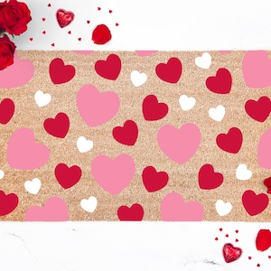 Red White and Pink Heart Pattern Valentines Doormat, Valentines day decor, Valentines gift, Pink doormat, Red doormat