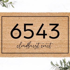 May include: A brown coir doormat with a black border and the numbers 6543 in black font. The text "cloudburst court" is written in black cursive font below the numbers.