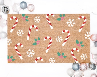 Candy Cane & Snowflake Pattern Christmas Doormat, Christmas Decor, Christmas Gift, Kids Christmas Decor, Housewarming Gift, Pastel Decor