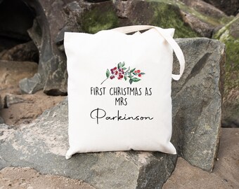 Personalised First Christmas as a Mrs Bag, Bride Christmas Gift, Mrs at Christmas, Newlywed, Shopper, Tote Bag, Christmas Shopper