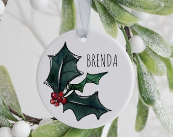 Personalised Holly Bauble, Holly Christmas Tree Decoration, Christmas bauble, Floral Christmas Gift