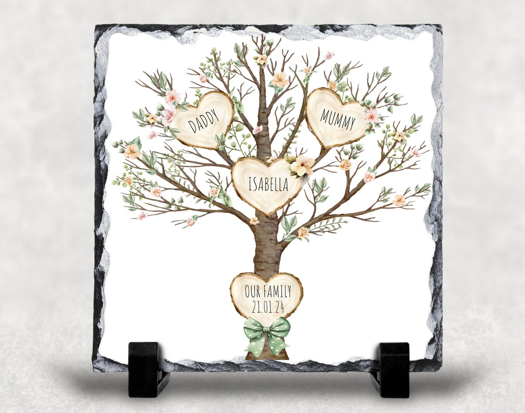 Personalised Rock Slate Family Tree Gift, Our Family, New Baby Gift ...